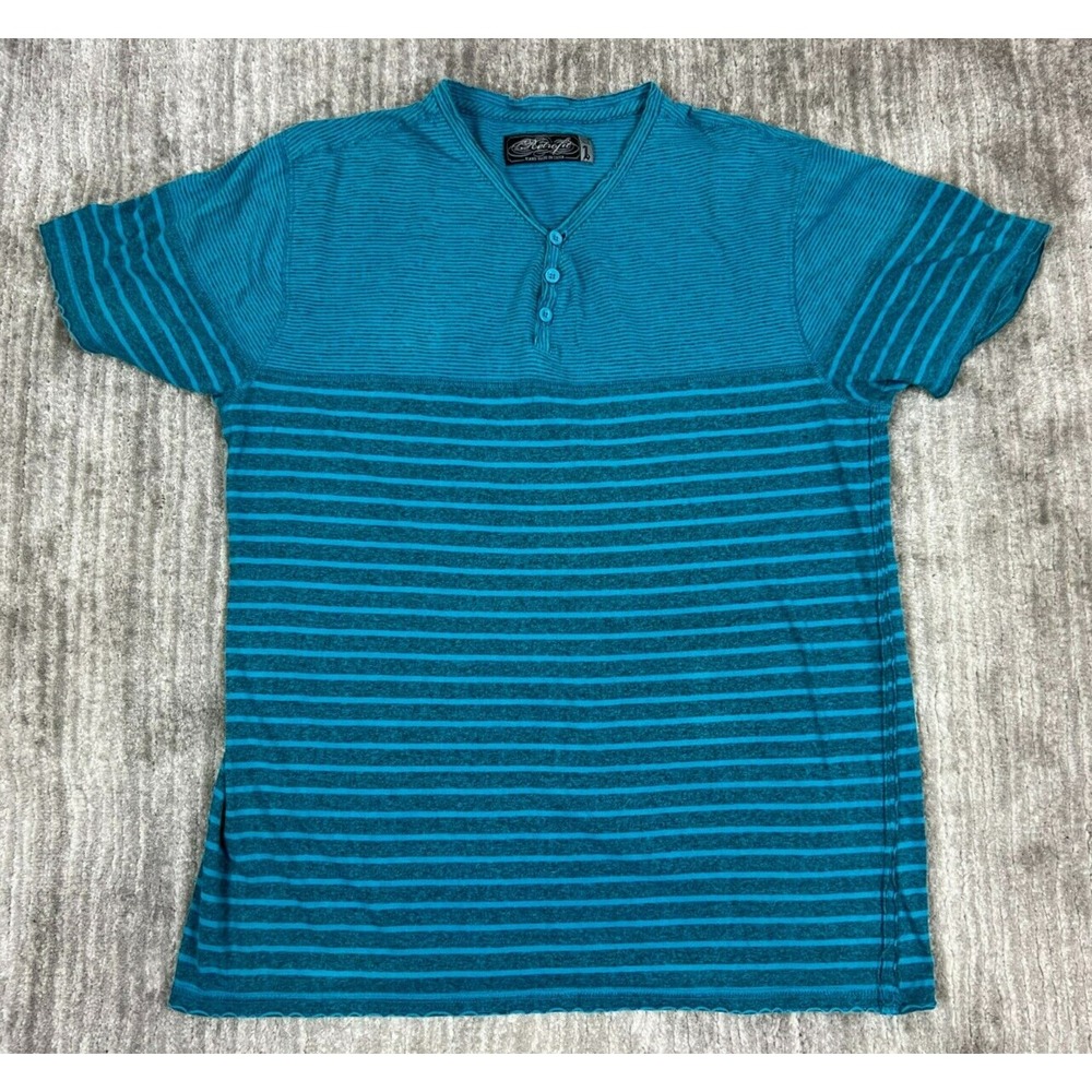 Retrofit Henley Shirt Mens Large Teal Blue Striped Short Sleeve Raw Hem Casual